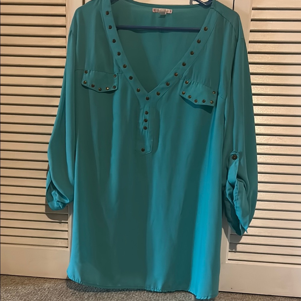 Teal V-Neck Studded Women's Top